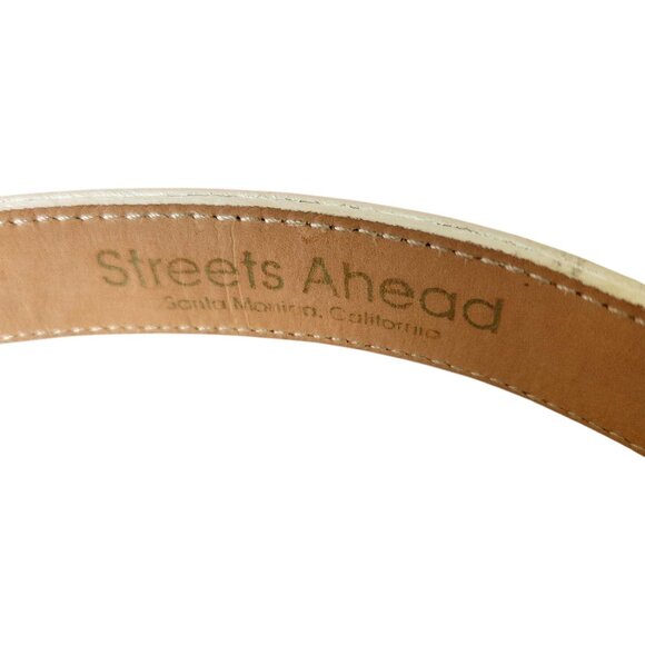 Vintage “Streets Ahead” White Leather Adjustable Belt Gold Buckle Size - Picture 8 of 8